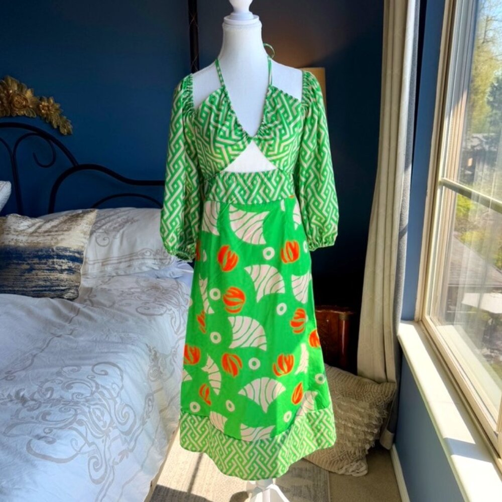 Green Tropical Pattern Summer Halter Dress
